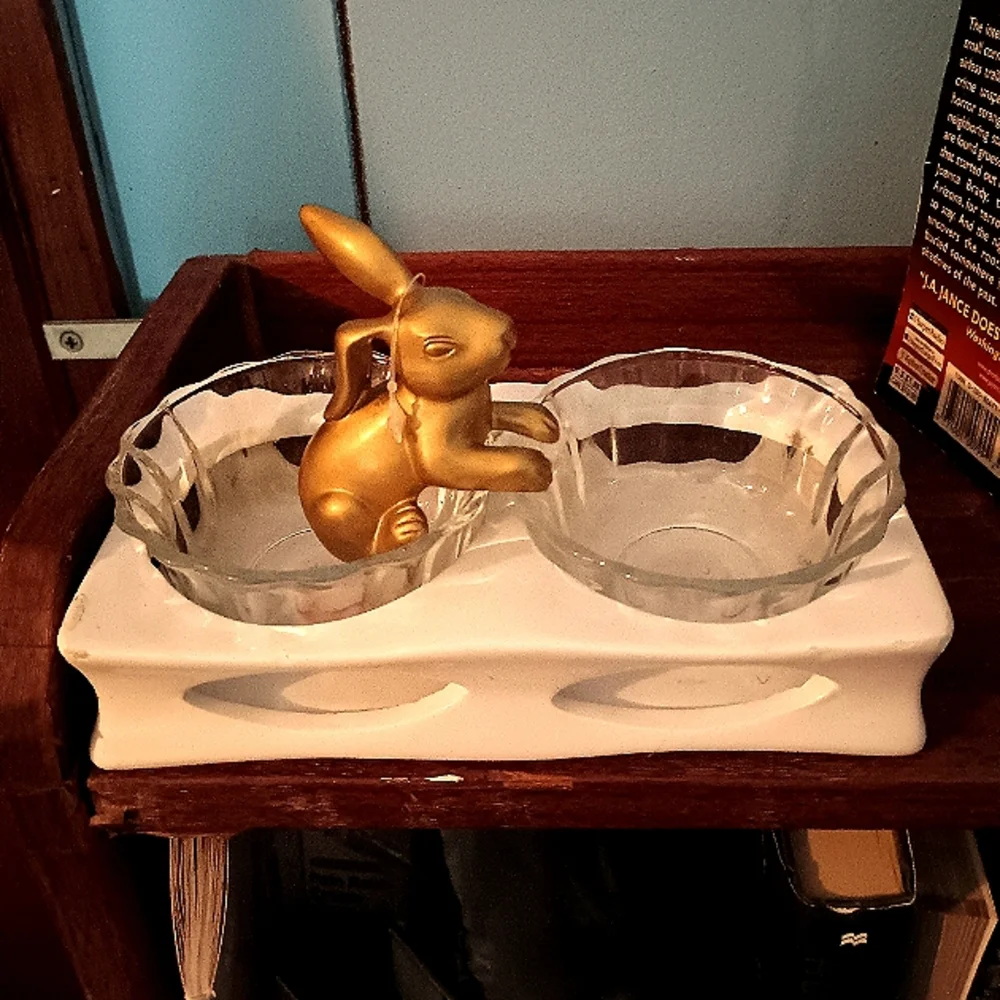 Small Pet Feeder w X2 Glass Bowls Or Small Candy Dishes W Base ( Ceramic) Vintag